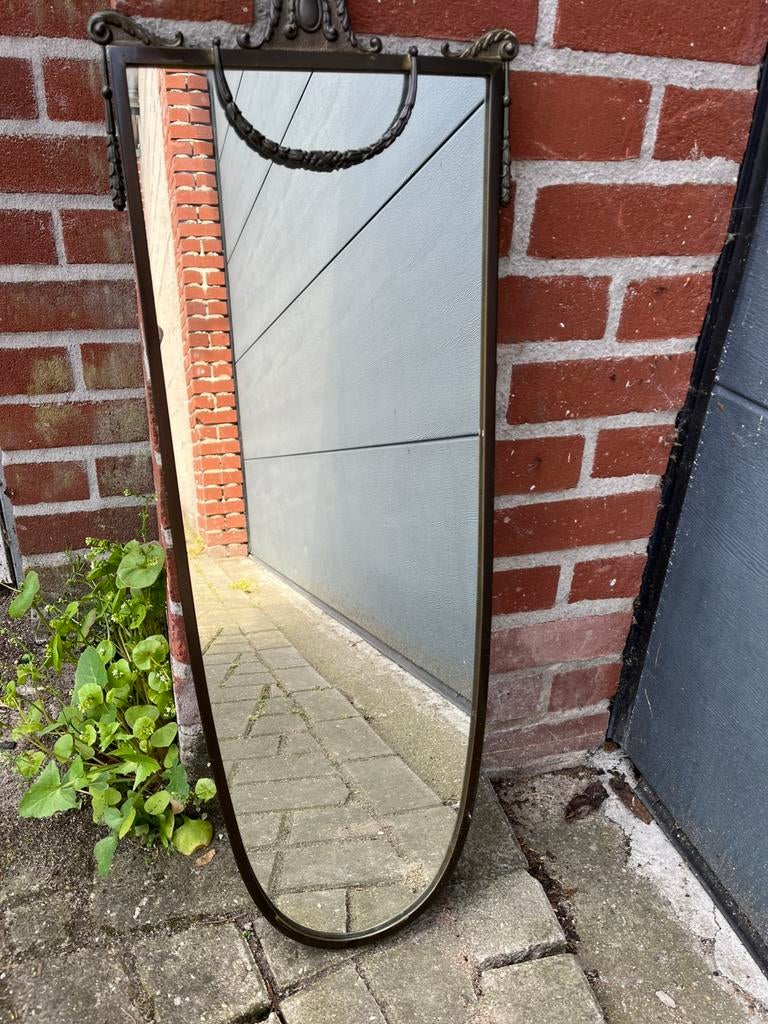 Brocante spiegel met messing frame,louis XV1 elementen, Ophalen, Ovaal, 50 tot 100 cm