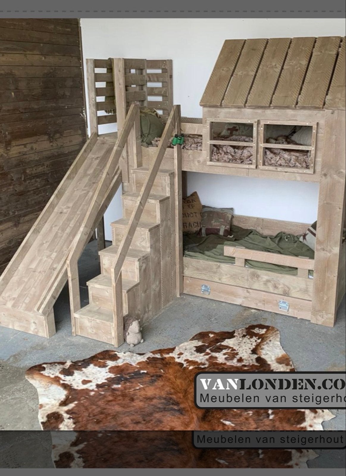 Steigerhouten kinderbed met glijbaan en trap, Ophalen, Gebruikt, 100 cm of meer, Hoogslaper of Stapelbed