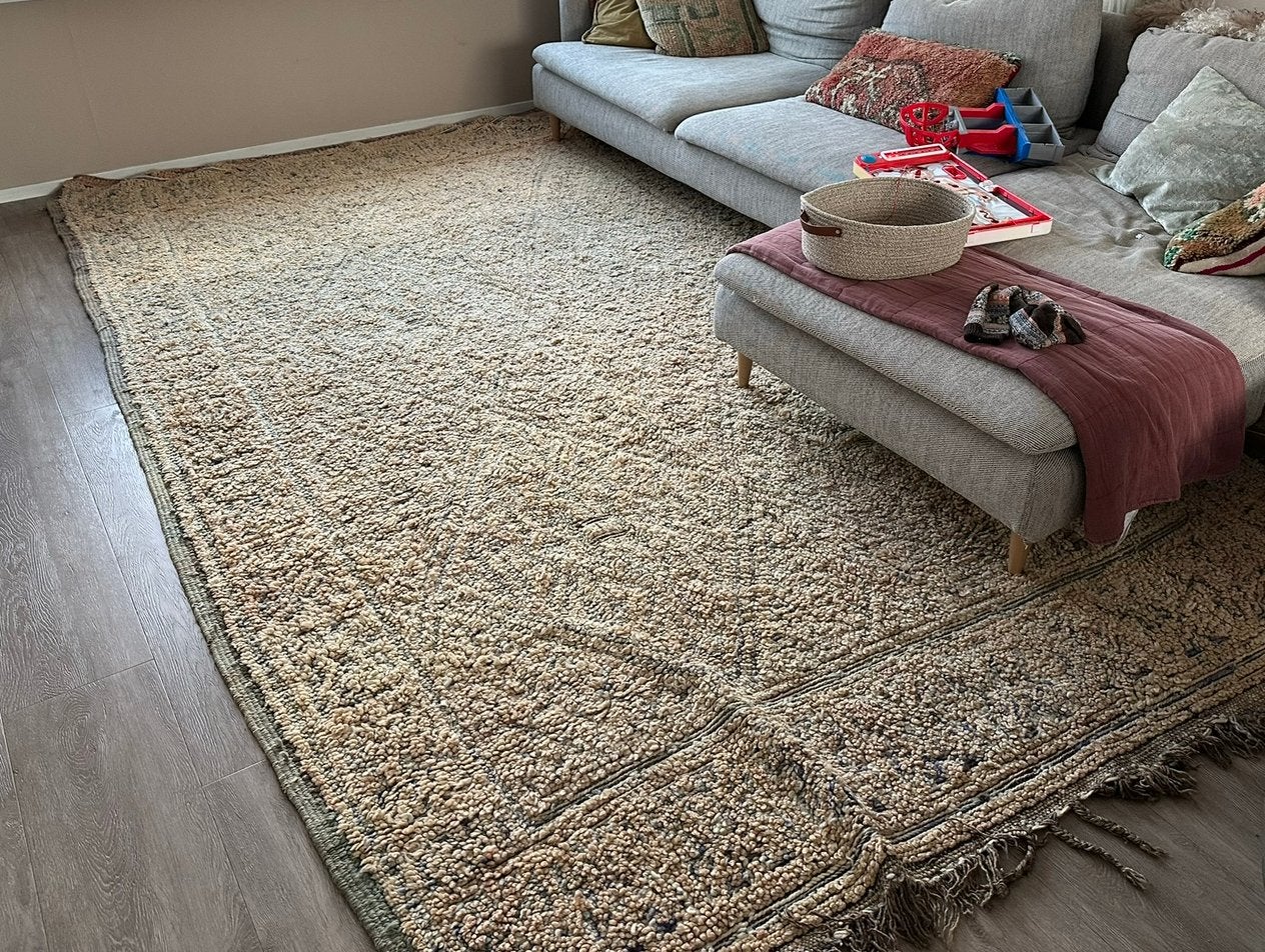 Prachtig groot Berber wollen vloerkleed groen creme beige, Huis en Inrichting, Ophalen, 200 cm of meer, Zo goed als nieuw, Rechthoekig