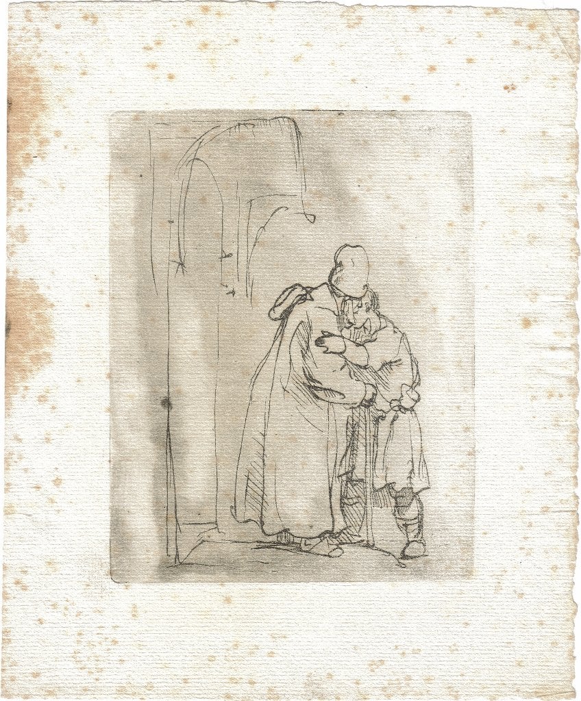 Ernst Bagelaar naar Rembrandt ets "Omhelzing", Antiek en Kunst, Ophalen, Dagelijks leven, Ets, Origineel