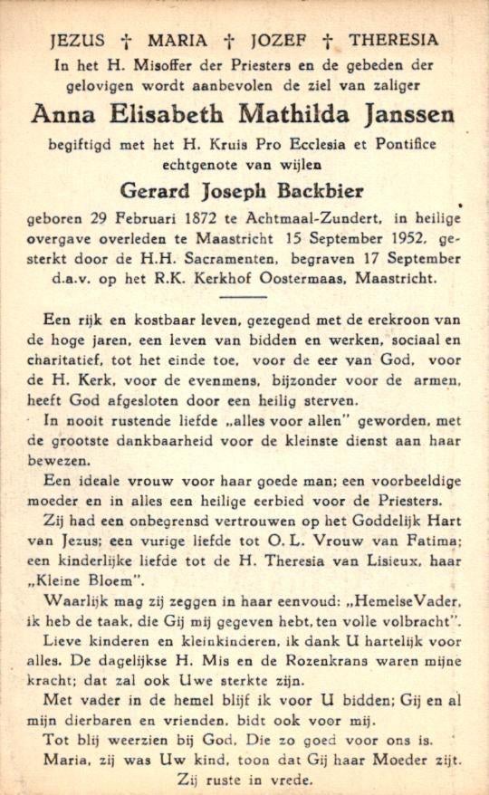 Janssen Anna Elisa. M. Achtmaal-Zundert 1872-1952 Maastricht, Verzamelen, Ophalen of Verzenden