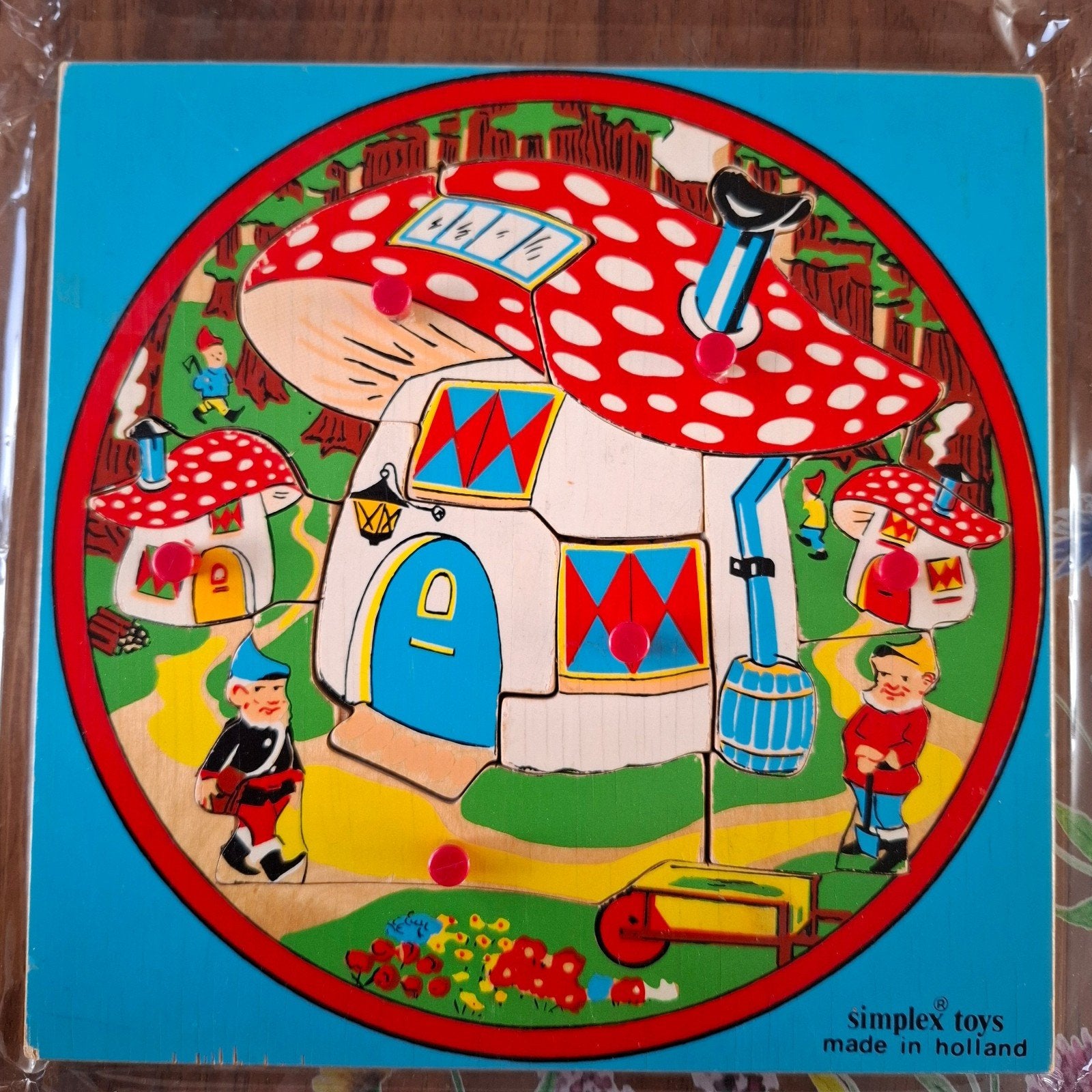 Vintage Simplex Toys Houten Puzzel Paddenstoel Huis, 2 tot 4 jaar, Gebruikt, 10 tot 50 stukjes, Ophalen of Verzenden