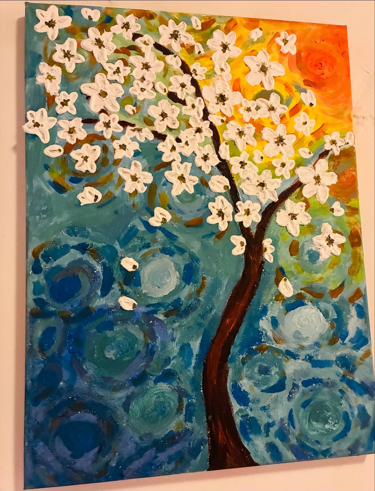 Handgemaakt schilderij: Bloesemboom met 3D-bloemen, Bloemen, Acrylverf, Doek, Expressionistisch