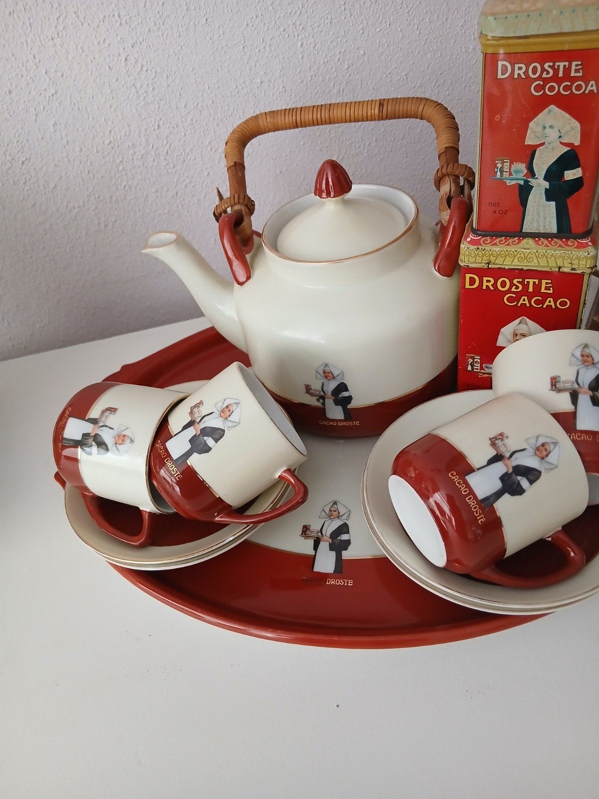 Vintage Droste Cacao theeservies met blikken, Ophalen of Verzenden