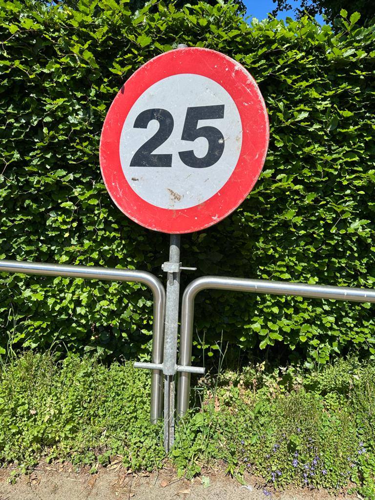 Verkeersbord 25 met grondpot, Ophalen, Gebruikt, Versiering, Verjaardag