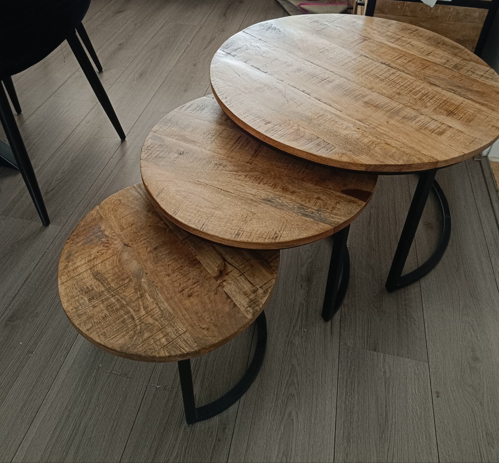Set van 3 ronde salontafels van mangohout, Gebruikt, 50 tot 100 cm, Industrieel, Landelijk, Rond