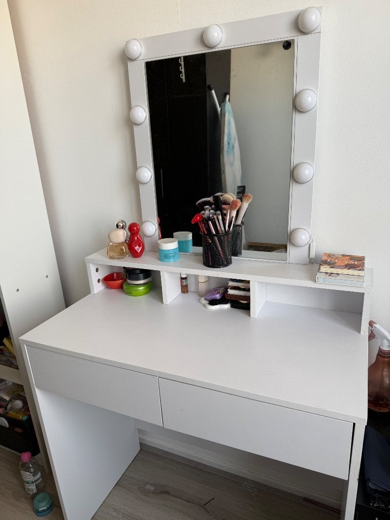 Kaptafel met spiegel en lampjes, 2 lades en 3 open vakken, Huis en Inrichting, Ophalen, Kunststof, Gebruikt, 50 tot 100 cm