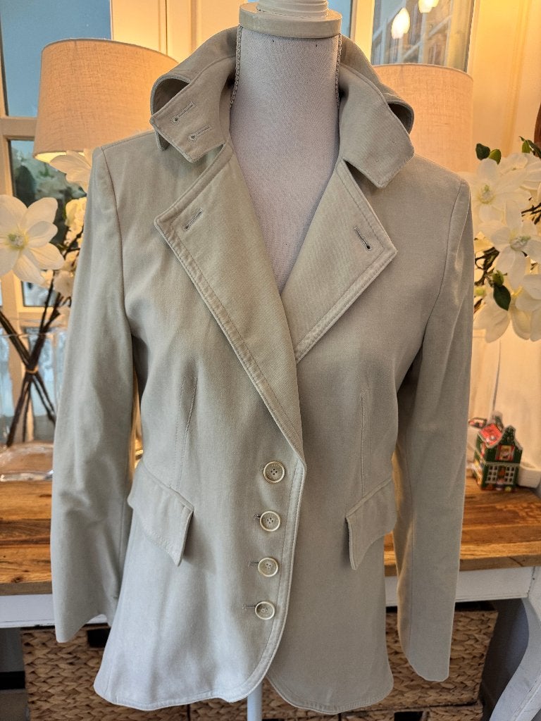 Grijs-Beige lange, fluwelen blazer Rene Van der Wijck, 36/S, Verzenden, Zo goed als nieuw, Maat 36 (S), Beige