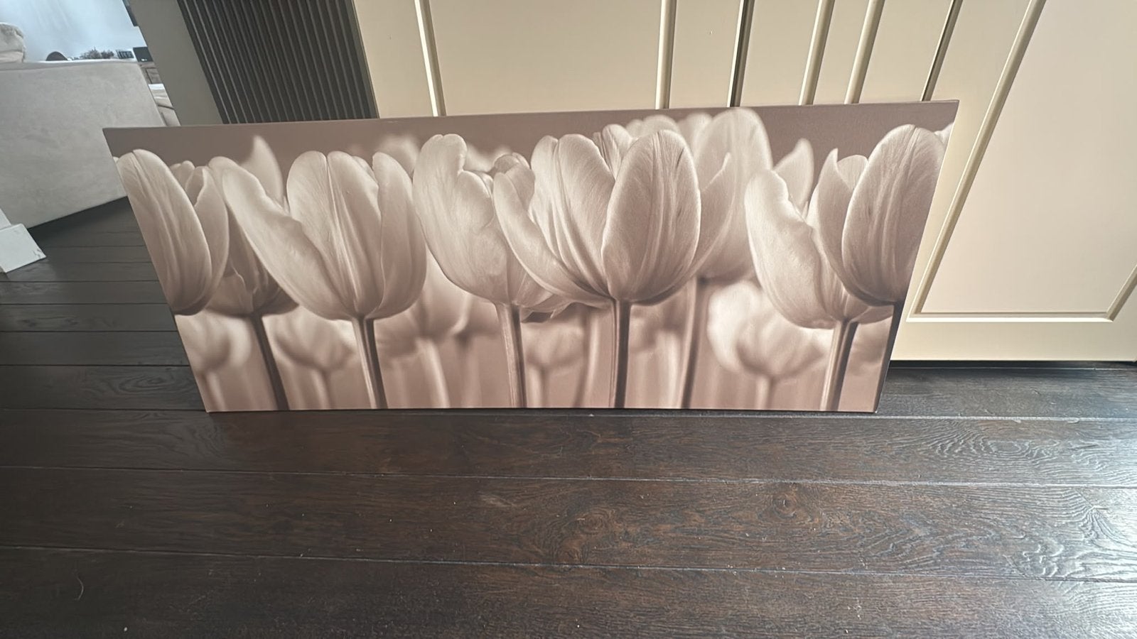 Ikea Canvas schilderij met tulpen in sepia tinten, Ophalen, Gebruikt, Schilderij, 100 tot 125 cm