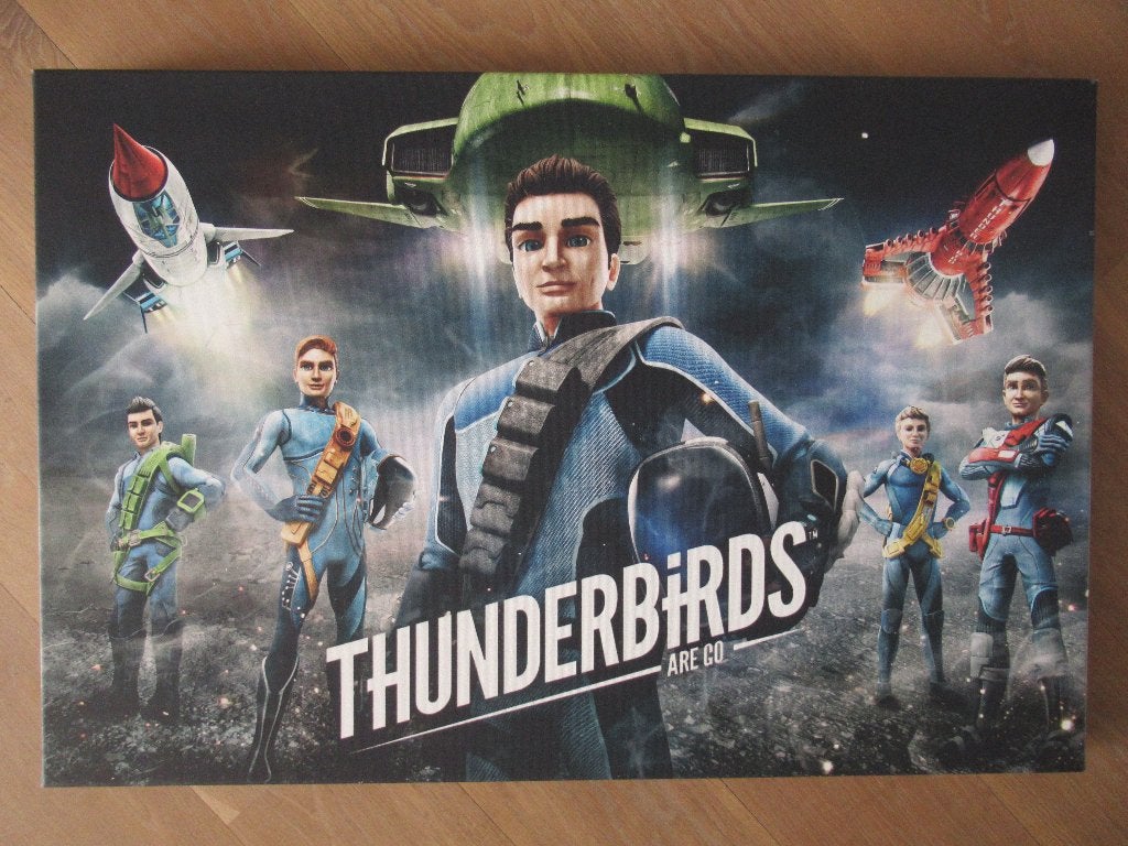 Groot Thunderbirds schilderij poster op canvas 90 x 60 cm. !, Ophalen of Verzenden, Zo goed als nieuw, 50 tot 75 cm, Schilderij