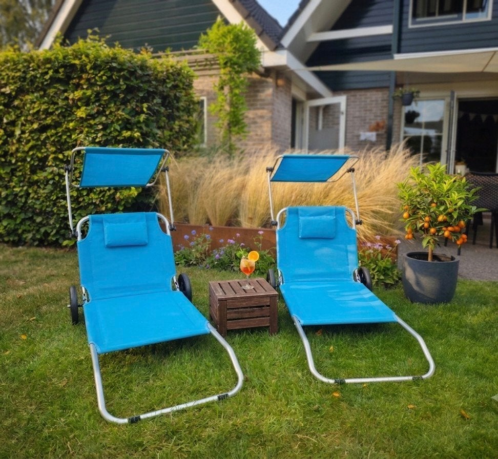 Opvouwbaar strandbed / strandstoel / ligstoel wielen luifel, Ophalen, Zo goed als nieuw, Aluminium, Verrijdbaar