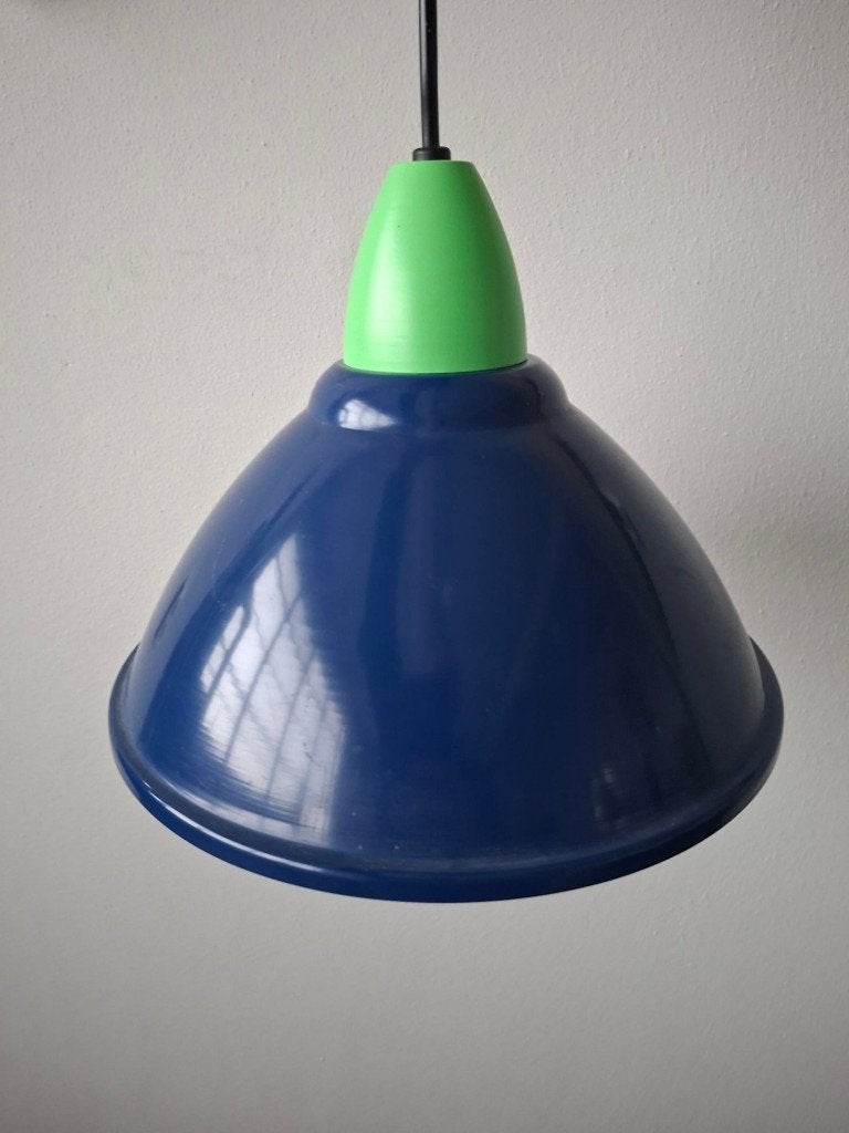 retro Memphis Milano design hanglamp vintage blauw metaal, Gebruikt, Blauw, Ophalen of Verzenden, Overige vormen
