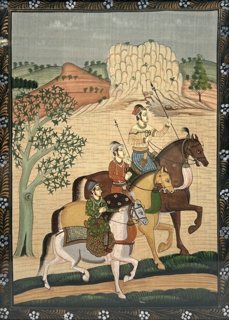 1075. Miniatuurschilderij, Indiase School – ruiter, 20e eeuw, Antiek en Kunst, India, Ingelijst, Ophalen of Verzenden, Meerkleurig