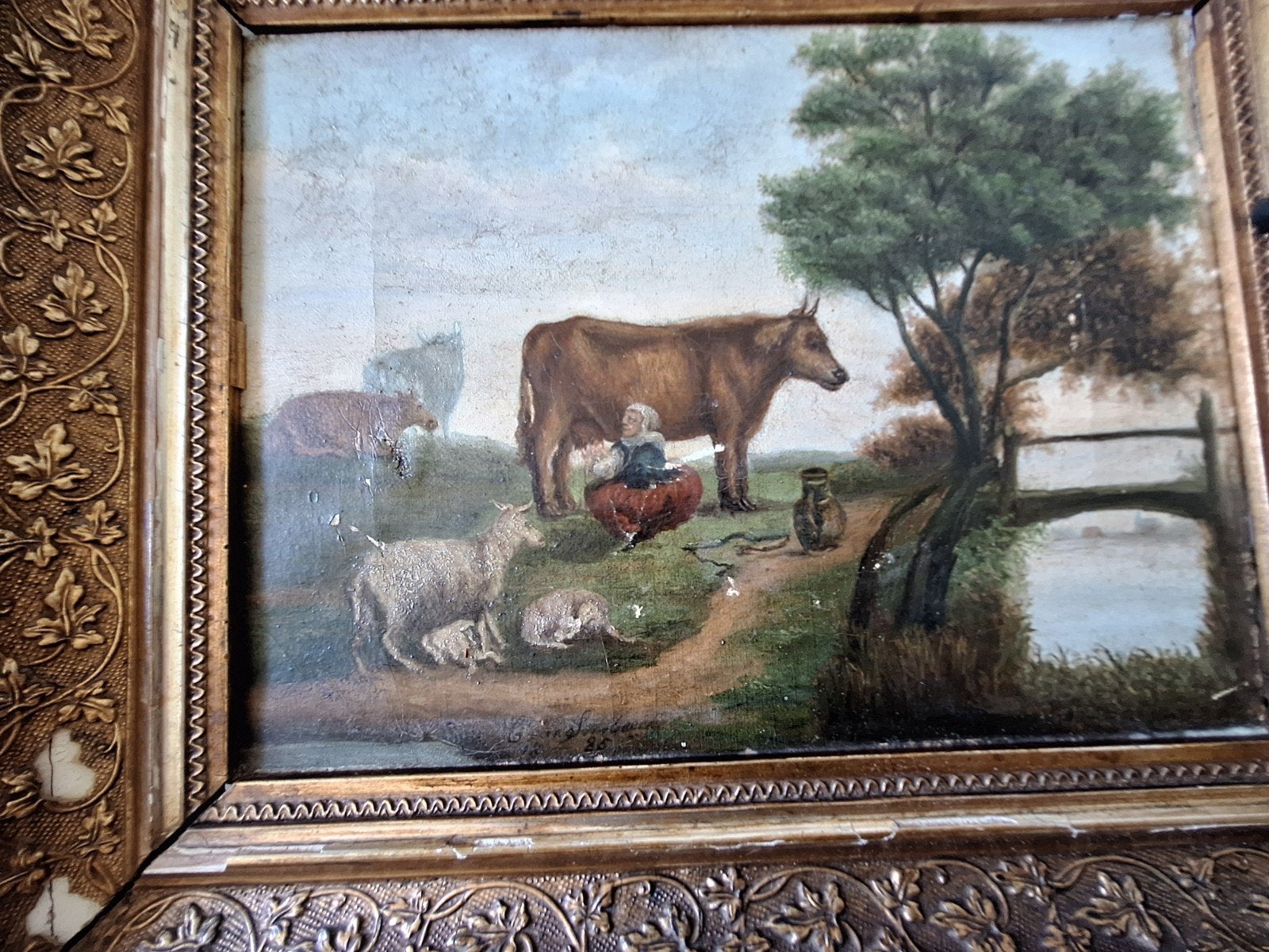 18e-eeuws Schilderij: Landelijk Tafereel met Vee, Doek, Dieren, Ophalen of Verzenden, Olieverf