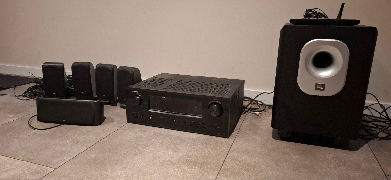 denon versterker met jbl speakers en subwoofer, Ophalen, 120 watt of meer, Denon