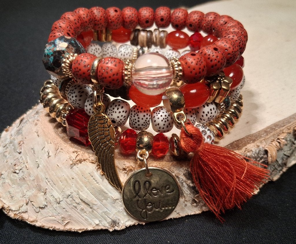 Rode Boho bedel armbanden set I Love You, Overige materialen, Verzenden, Nieuw, Met bedels of kralen