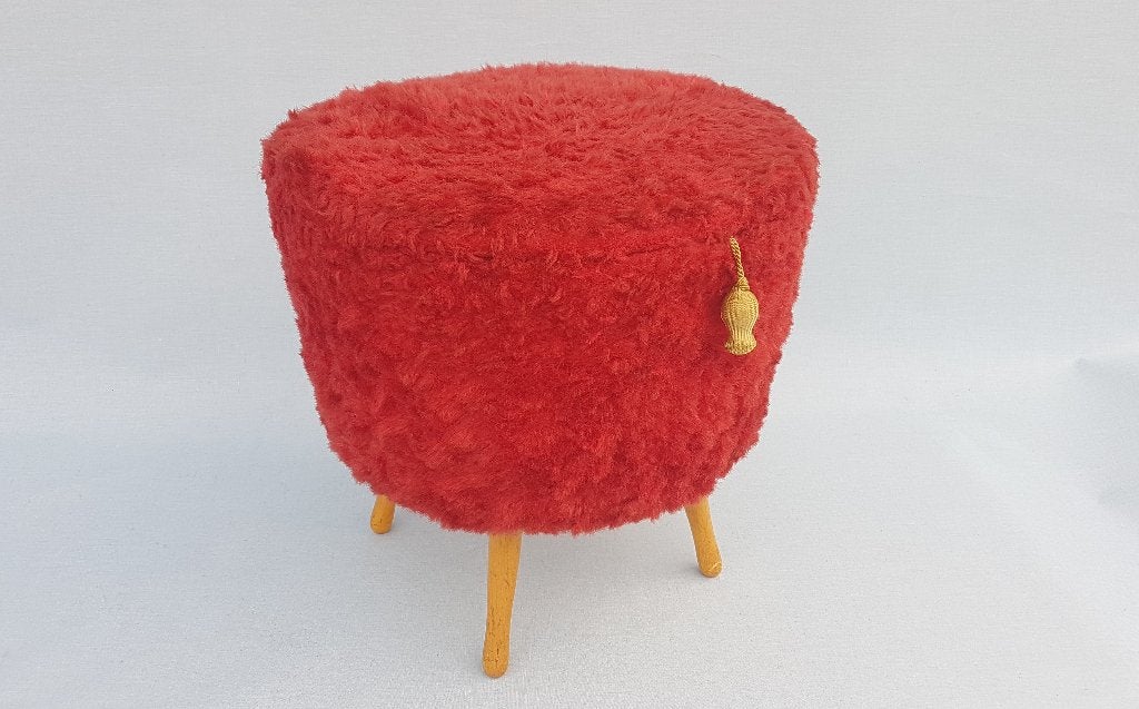 Retro pluche poef / vintage naaibox / naaipoef - Ø 42 cm, Gebruikt, Rond, Minder dan 50 cm, Ophalen of Verzenden