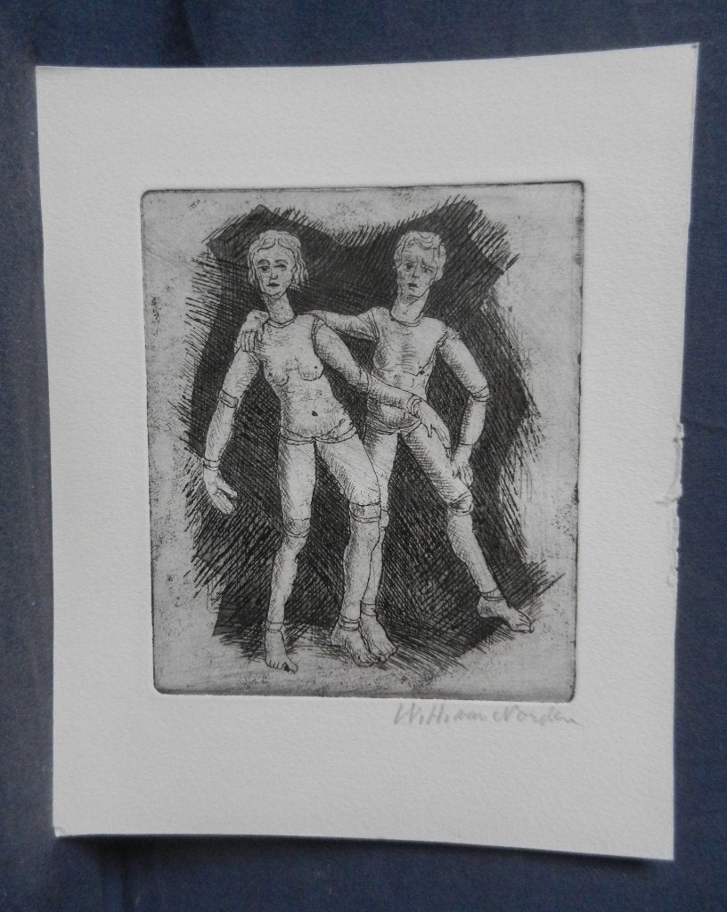 Ets Twee stoffen poppen door W.H. van Norden (1883-1978), Ophalen of Verzenden, 12 cm, 1950 - 1999, Ets