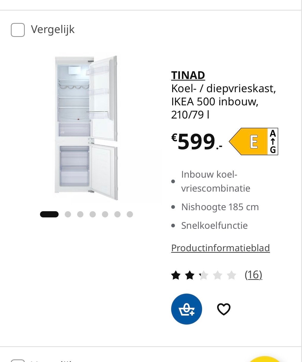 IKEA TINDAD Koel- / diepvrieskast, 210/79 l, 185 cm hoog, Ophalen, Gebruikt, 200 liter of meer, Met aparte vriezer