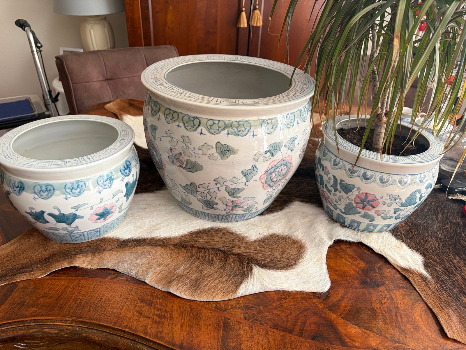 Set van 3 Chinese bloempotten met decoratie, Tuin en Terras, Bloempotten, Gebruikt, Aardewerk, Binnen, Minder dan 40 cm, 25 tot 40 cm