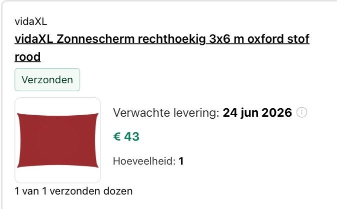 Nieuw vidaXL Zonnescherm rechthoekig 3x6m oxford stof rood, Ophalen of Verzenden, Nieuw, 450 cm of meer, Overige typen
