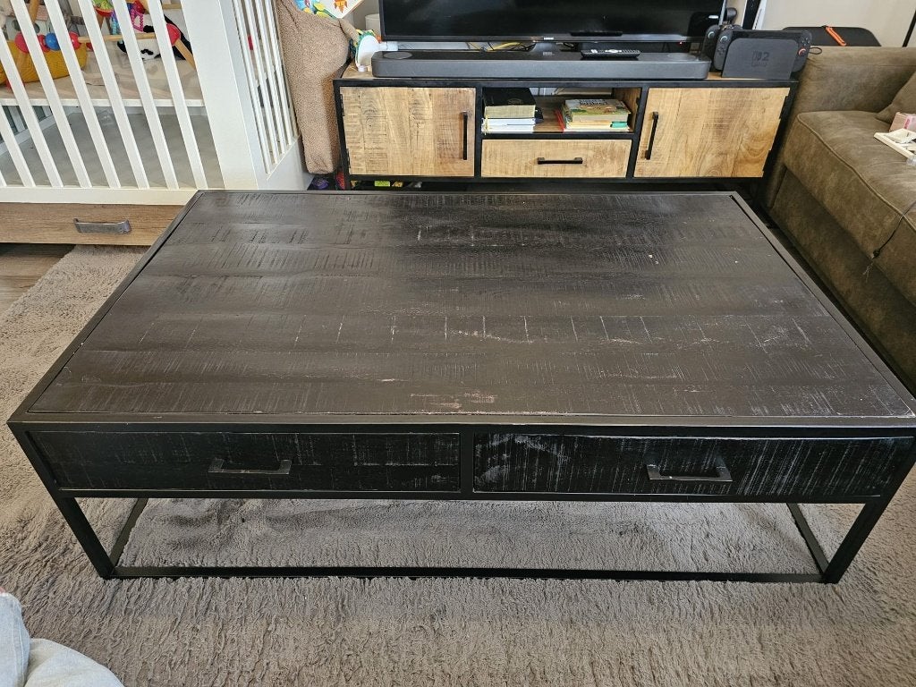 Industriële salontafel mangohout zwart 130x80 / 4 laden, Huis en Inrichting, Tafels | Salontafels, Ophalen, 100 tot 150 cm, 50 tot 100 cm