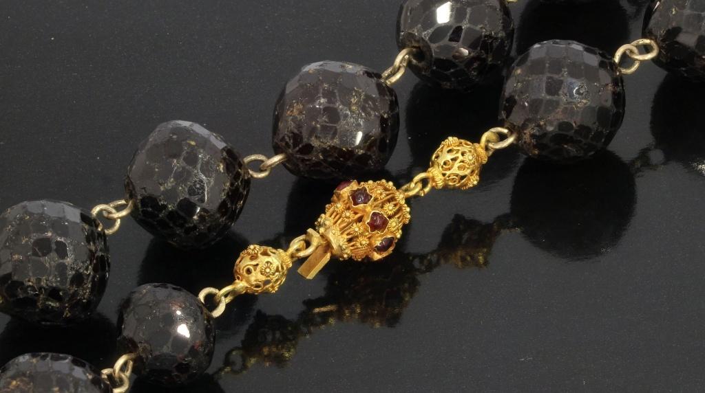 Granaat antieke ketting fraai 14k slot goud filigrain dames, Verzenden, Goud, Ketting, Met edelsteen
