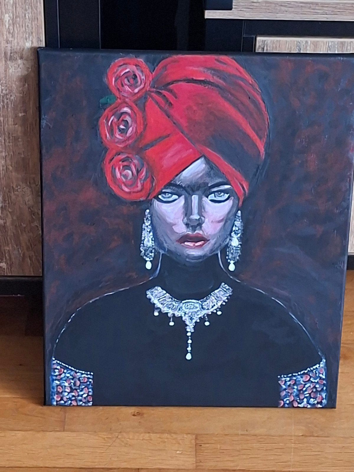 Schilderij: Vrouw met rode tulband en sieraden, Ophalen