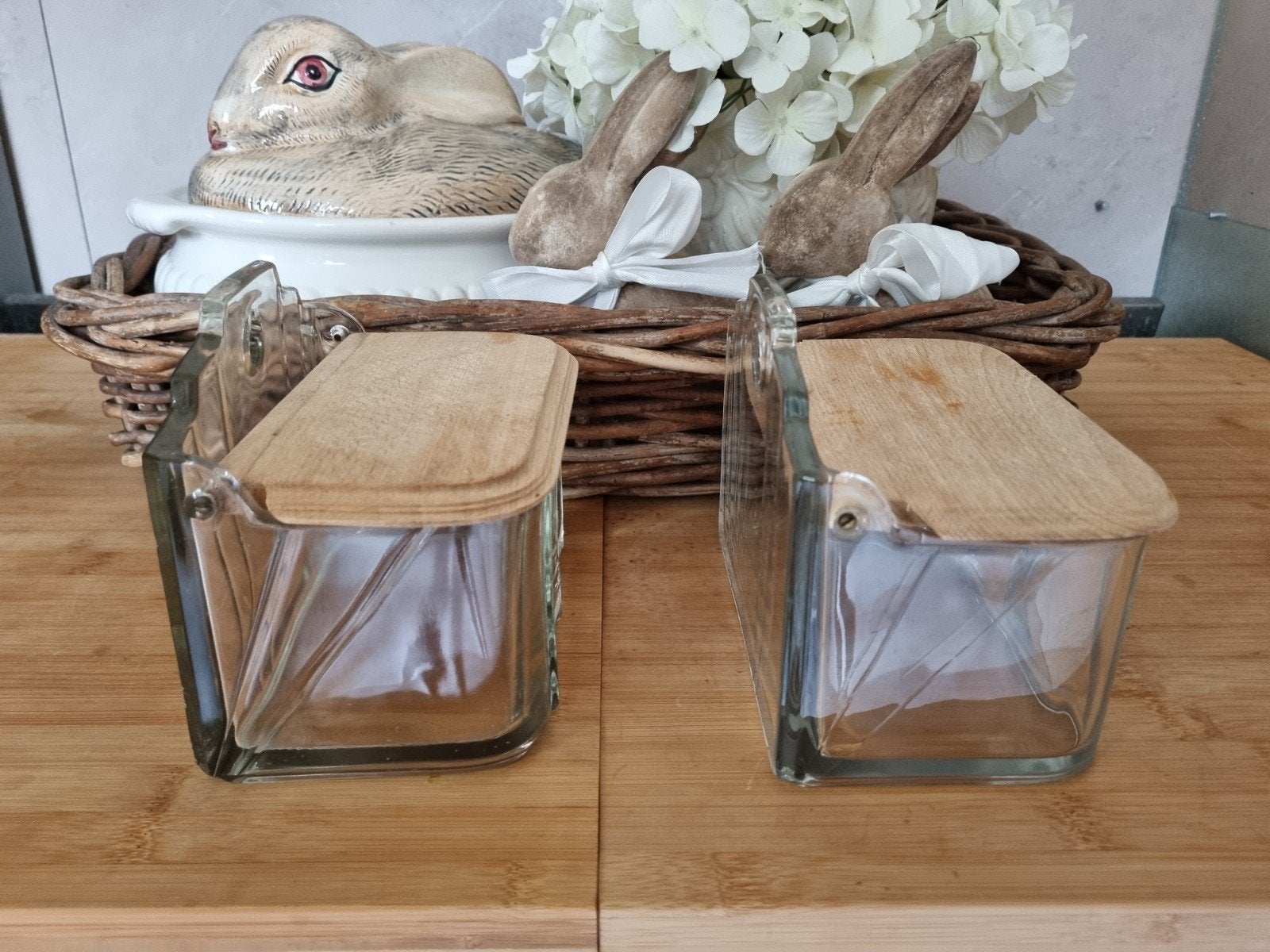 2 x vintage zoutpot glas met hout prijs per stuk, Ophalen of Verzenden
