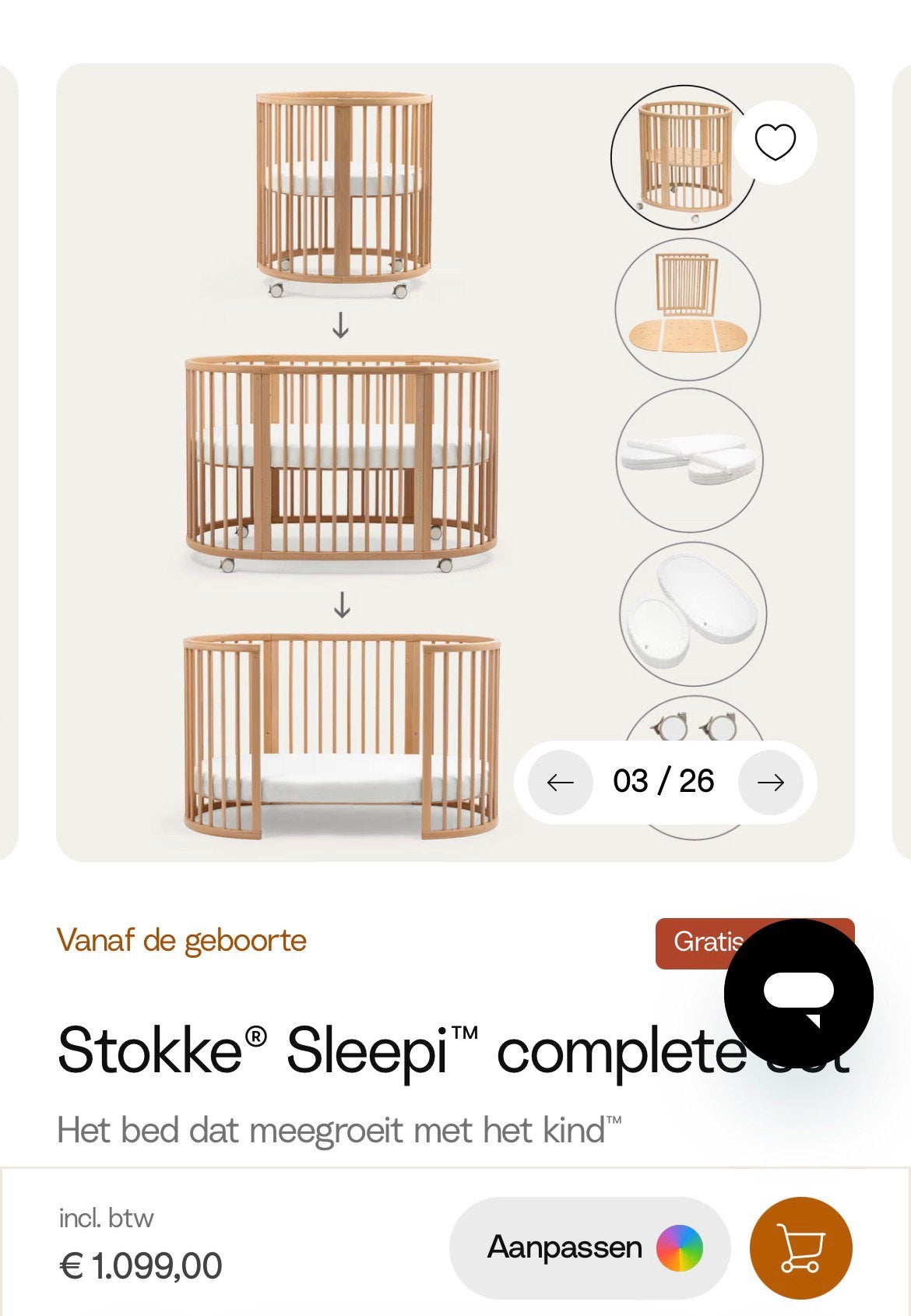 Stokke Sleepi Mini en Ledikant V3, Kinderen en Baby's, Ophalen of Verzenden, Zo goed als nieuw, Ledikant