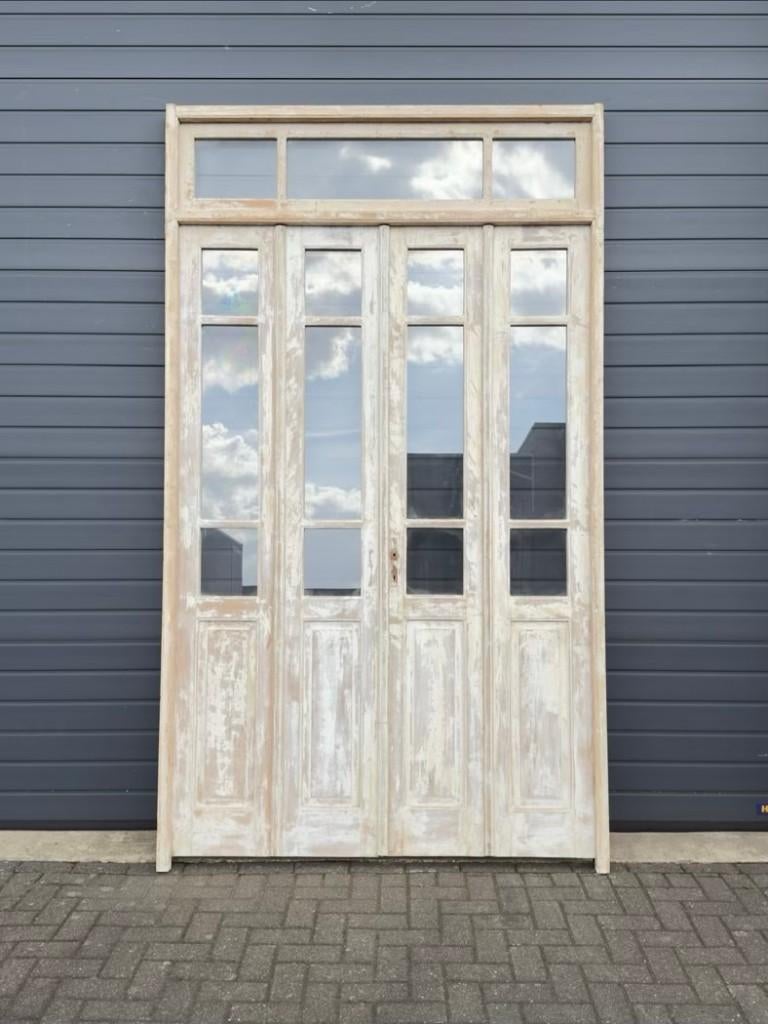 Antieke 4-slag oranjerie deuren met bovenlicht en patina, Ophalen of Verzenden, Gebruikt, Glas