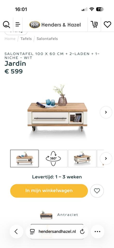 Salontafel Jardin H&H 100x60 cm met 2 laden en niche - Wit, 100 tot 150 cm, Eikenhout, Zo goed als nieuw, Minder dan 50 cm