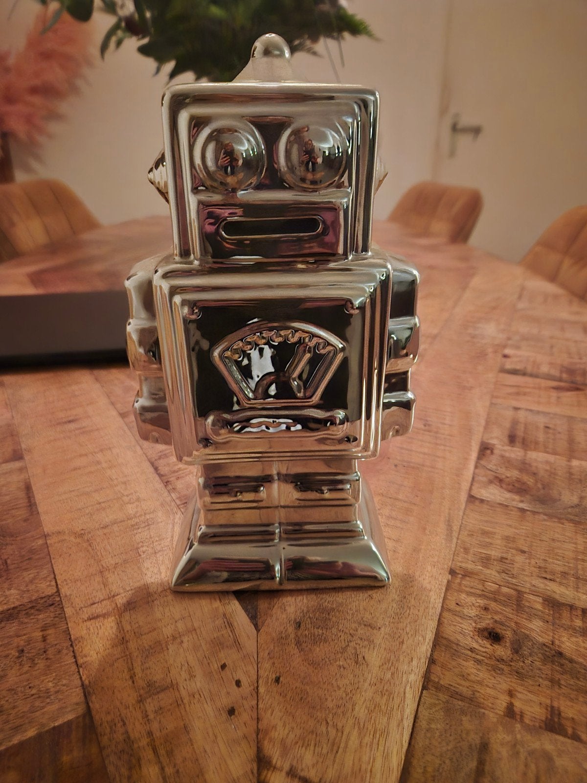 Zilverkleurige robot spaarpot, Ophalen of Verzenden, Zo goed als nieuw, Overige materialen, Overige thema's
