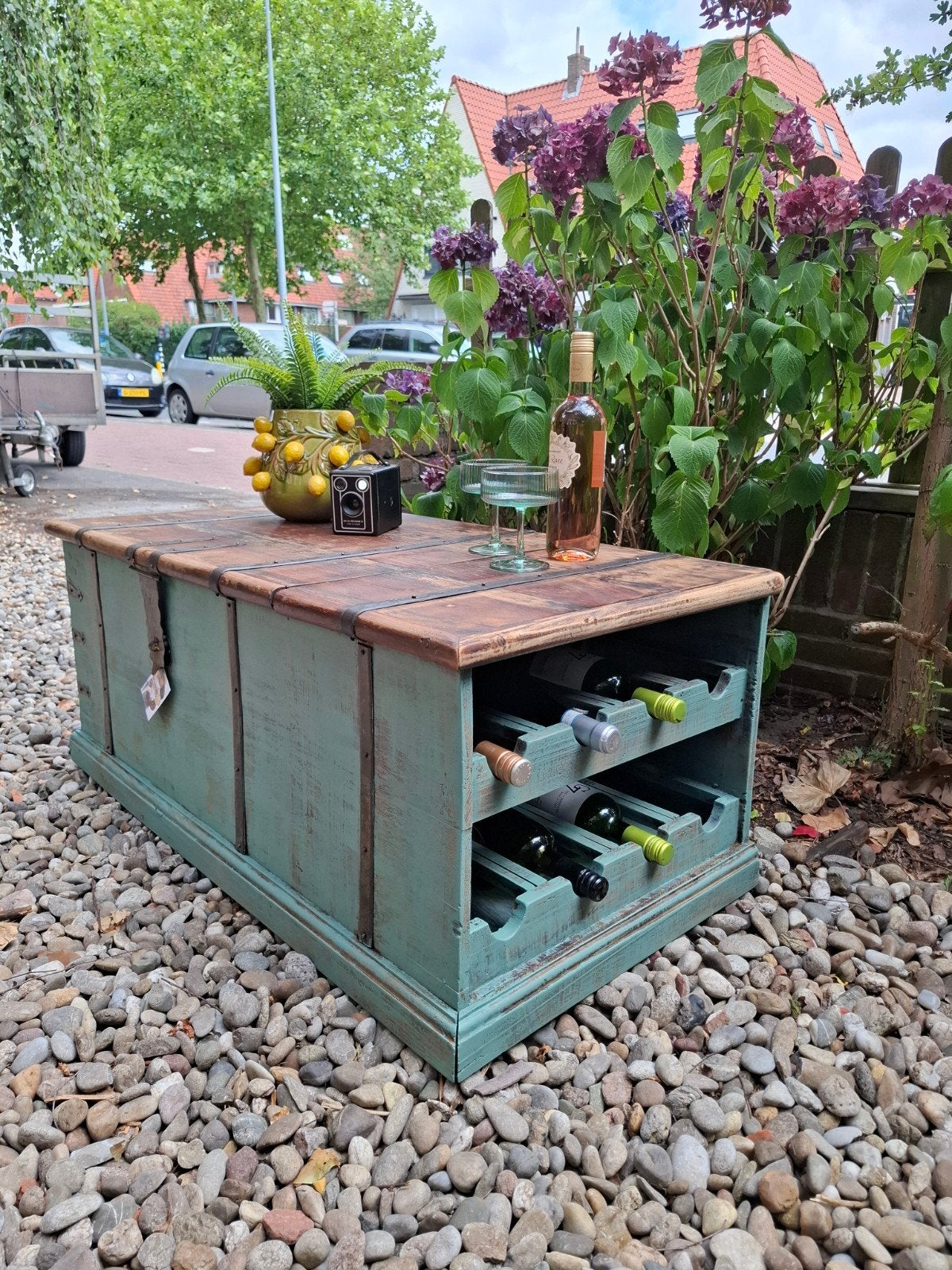 oxy green sleets salontafel, Huis en Inrichting, Tafels | Salontafels, Ophalen of Verzenden, Zo goed als nieuw, Rechthoekig, Teakhout