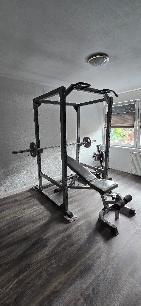 Compleet PowerMark Power Rack + Bench + Olympic set 110kg, Ophalen, Gebruikt, Armen, Overige typen