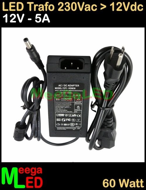LED Trafo Voeding Adapter Driver - 230V > 12V - 5A = 60W - S, Overige merken, Kunststof, Zwart, Nieuw