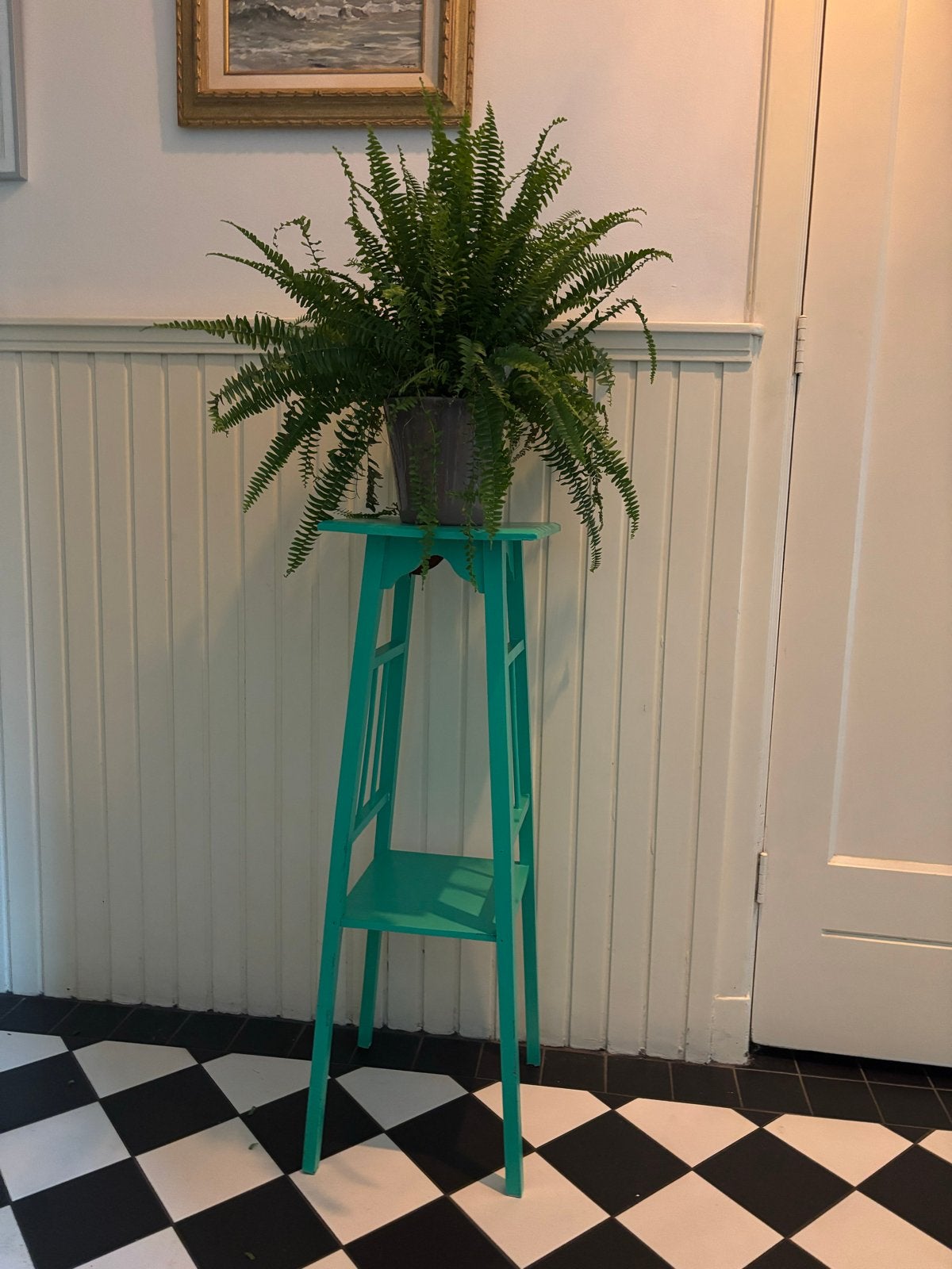 Groene plantentafel met sierlijke details., Ophalen, Groen, Hout, Gebruikt