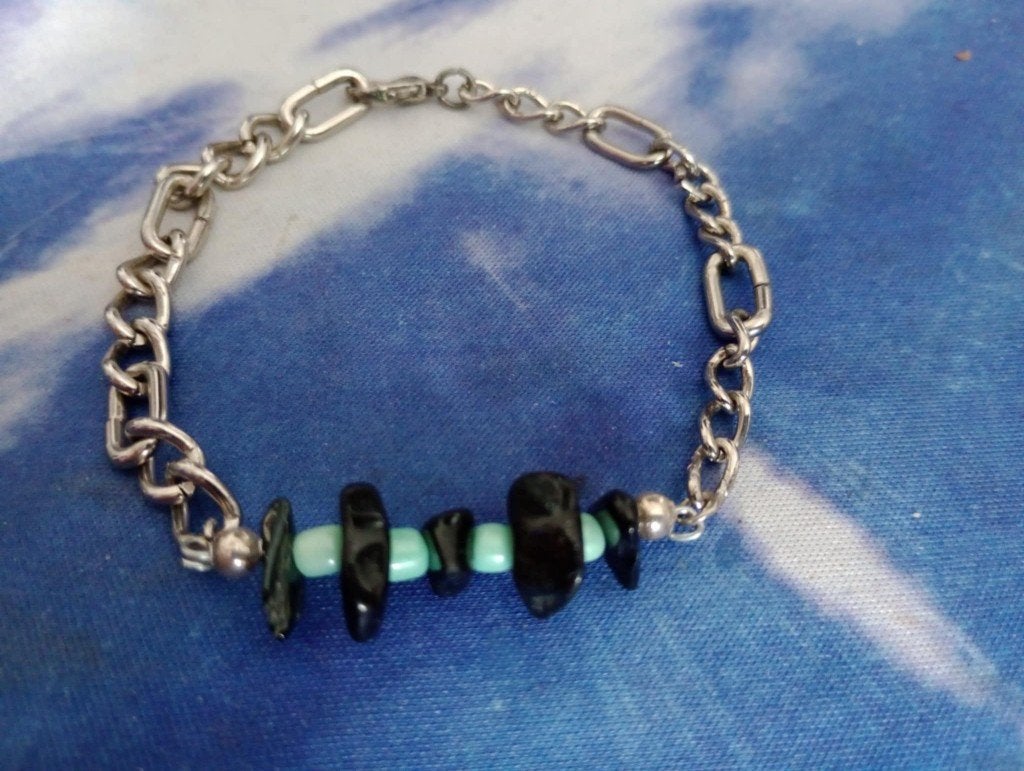 RVS edelstaal Figaro-schakels + onyx, hematiet, turquoise, Met bedels of kralen, Staal, Verzenden, Zwart