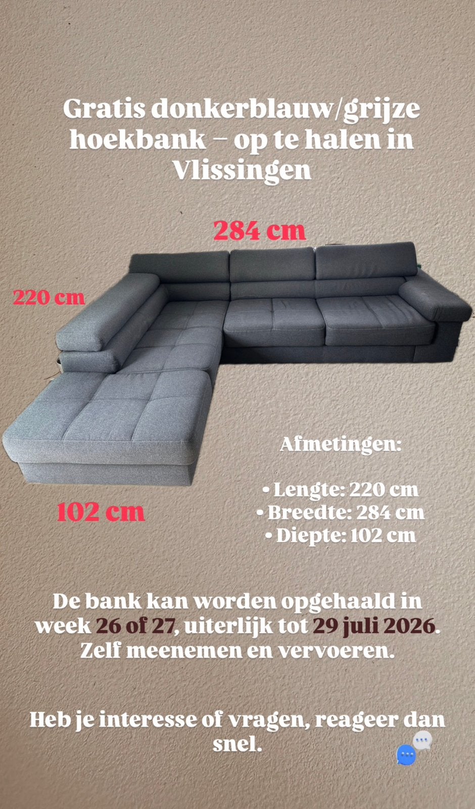 Gratis donkerblauw/grijze hoekbank op te halen in Vlissingen, Ophalen, Gebruikt