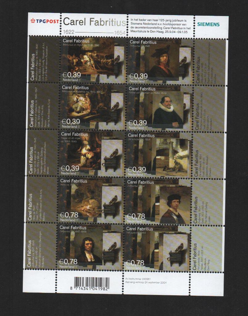 NVPH 2285-2294 Postfris 2004 Carel Fabritius, Postzegels en Munten, Postzegels | Nederland, Ophalen of Verzenden, Na 1940, Postfris
