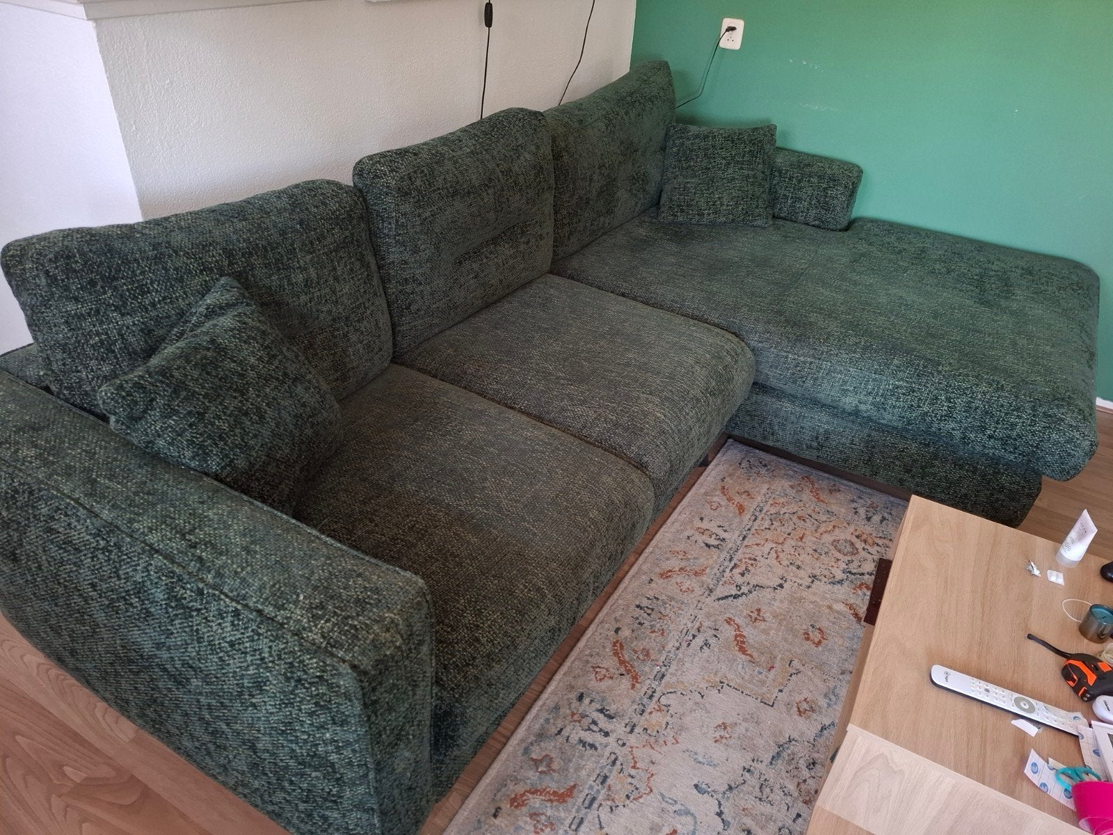 groene driezits bank met brede chaise longue, Huis en Inrichting, Ophalen, Gebruikt, Stof