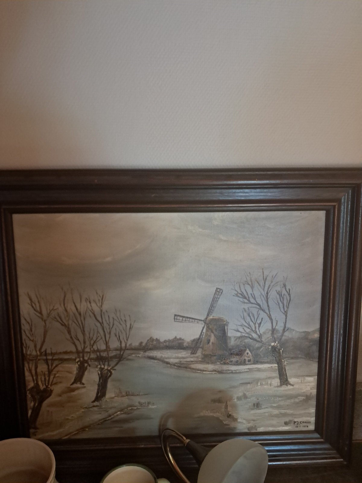 Olieverfschilderij Winterlandschap met Molen, Antiek en Kunst, Kunst | Schilderijen | Klassiek, Ophalen of Verzenden