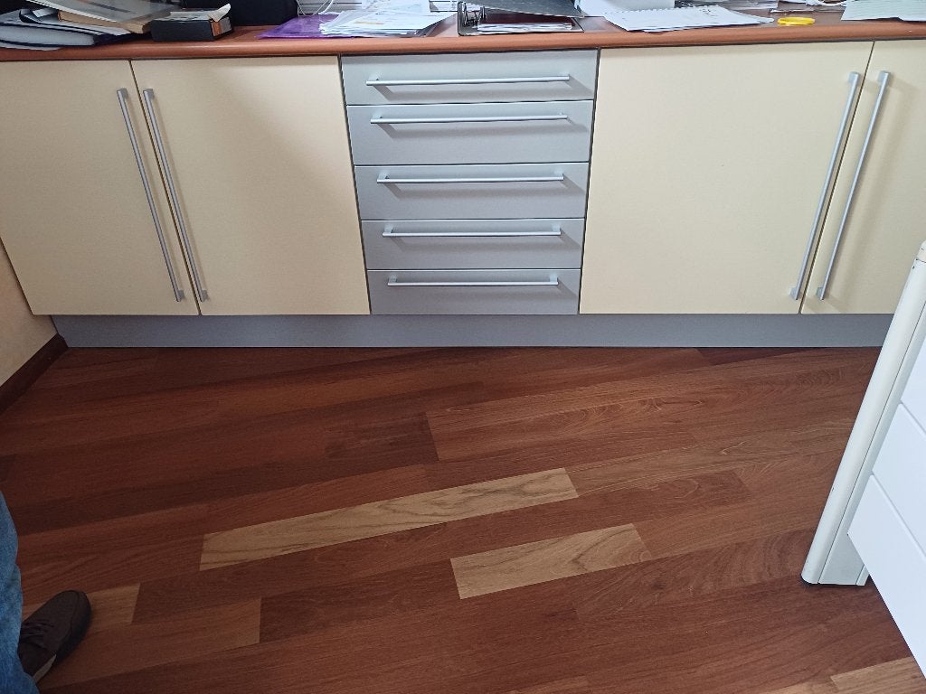 Keuken onderkasten, licht geel met grijs, planken en lades., Ophalen, Gebruikt, 200 cm of meer, Grijs