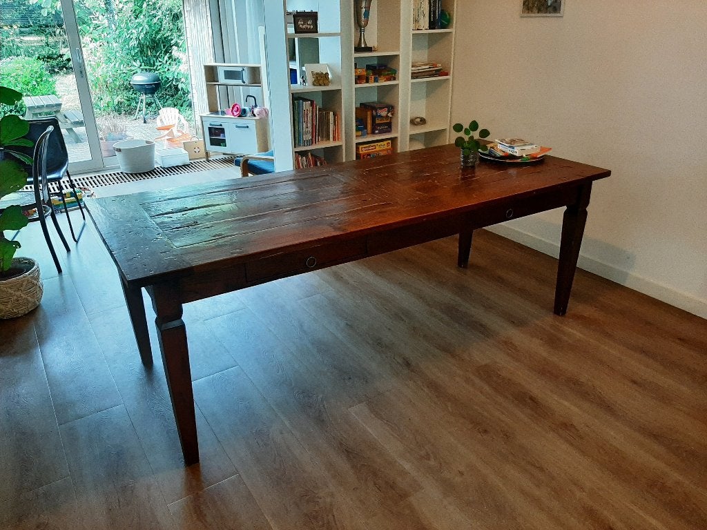 Teakhouten eettafel 220 cm, Gebruikt, Koloniaal, Teakhout, 200 cm of meer