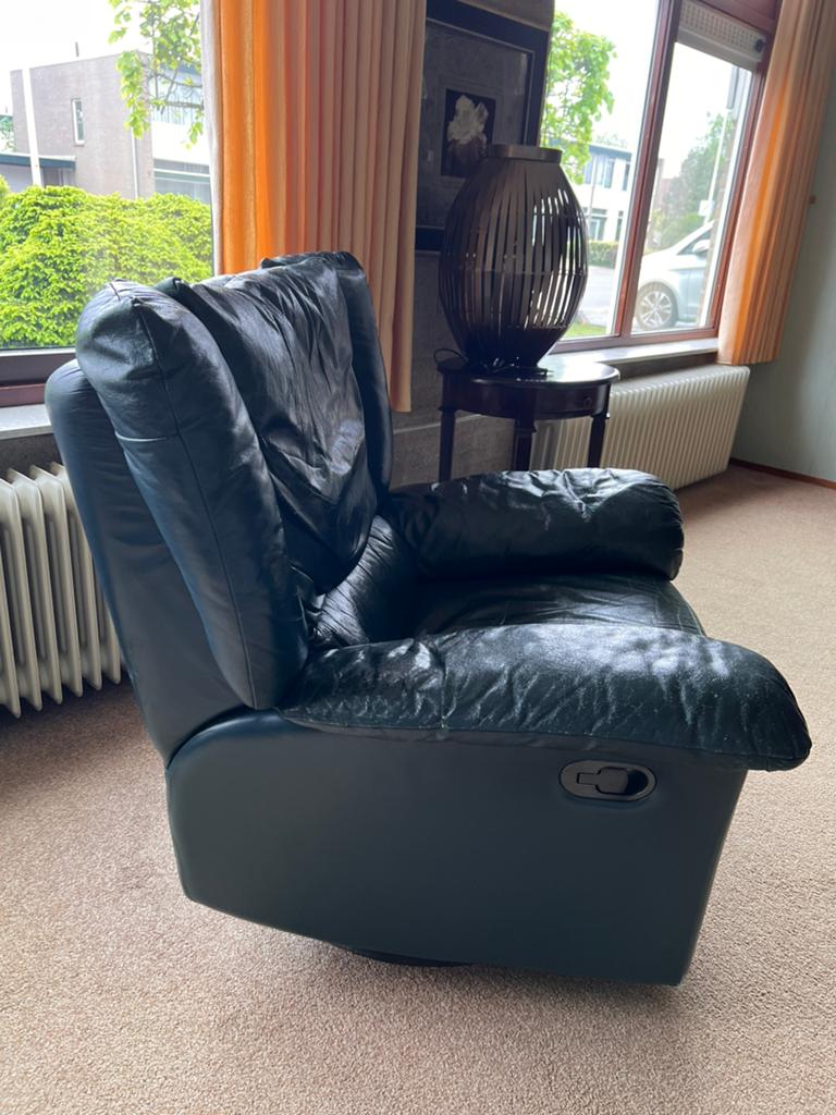 LEER - FAUTEUIL - GROEN - RELAX STAND - VOETENSTEUN, Huis en Inrichting, Fauteuils, Ophalen, Leer