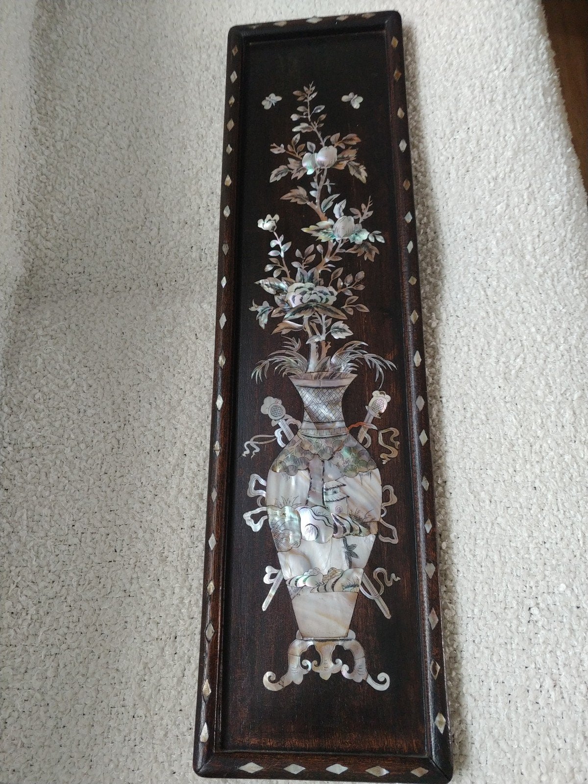 Handgemaakt Oud Parelmoer Schilderij op Zwart Hout 63x16cm, Ophalen of Verzenden