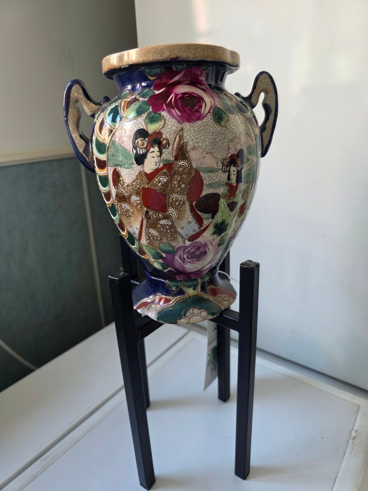 Japanse vaas 20 cm met geisha decoratie, incl. standaard, Ophalen of Verzenden