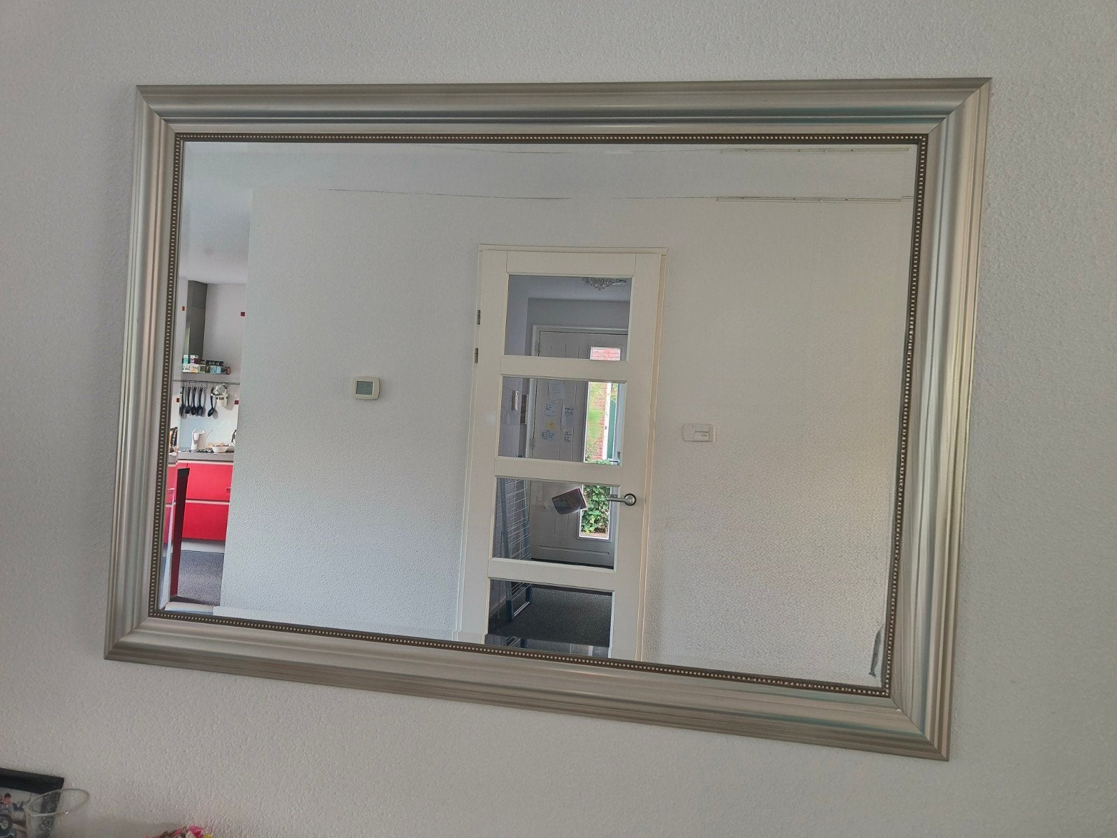 Grote spiegel (facet) met zilverkleurige lijst, Ophalen, 125 cm of meer, Zo goed als nieuw, Minder dan 100 cm
