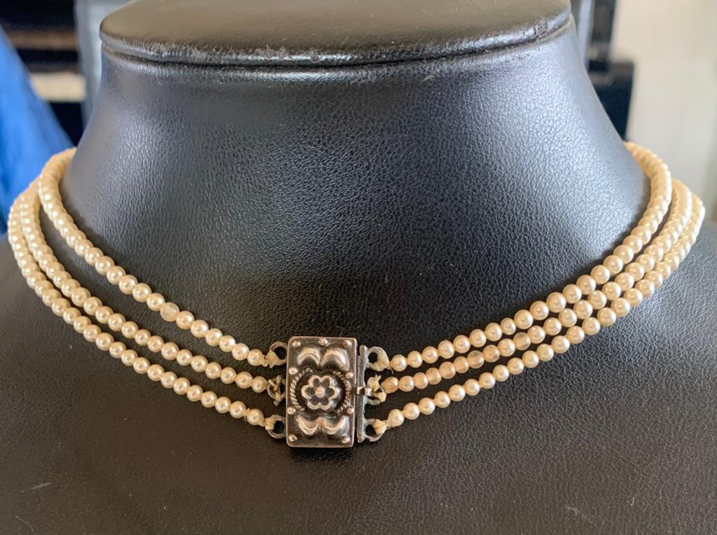 3 rijen parelketting met zilveren slot, Ophalen of Verzenden, Zilver