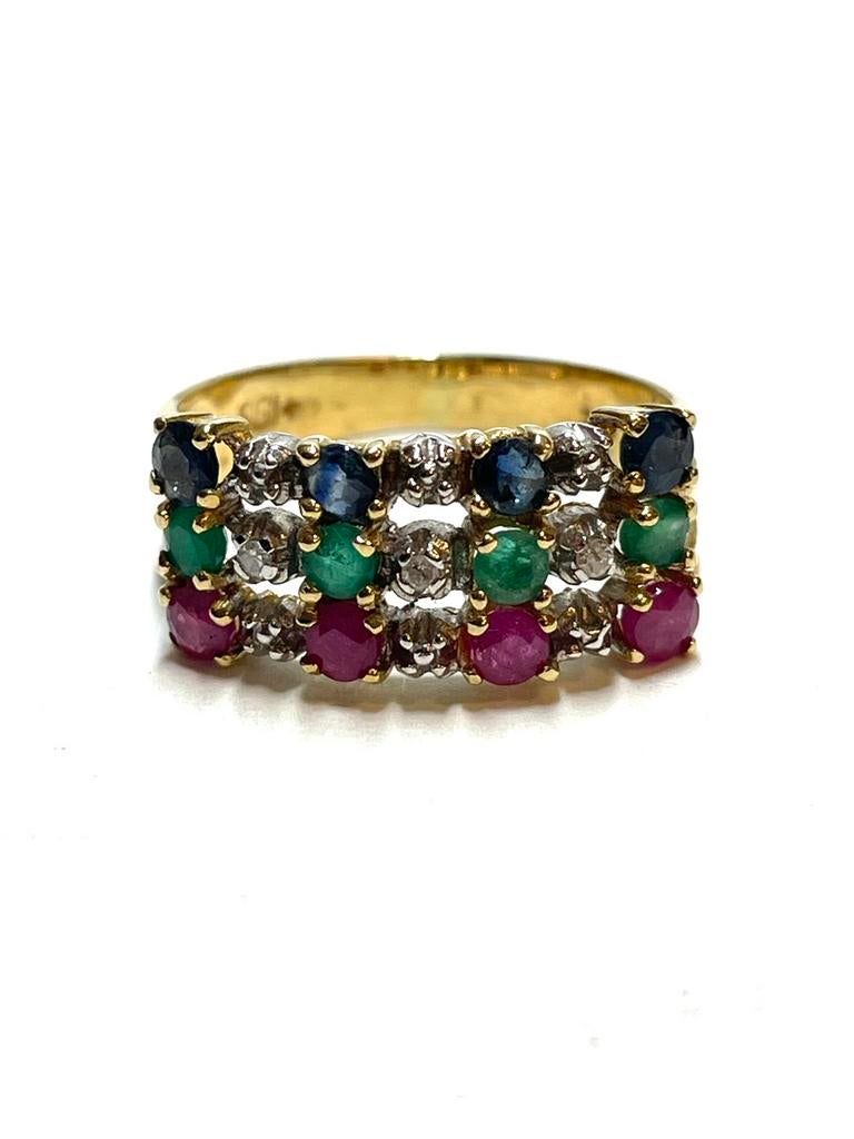 18k gouden ring met saffier, smaragd, robijn en diamant, -, -, Ophalen of Verzenden, Zo goed als nieuw